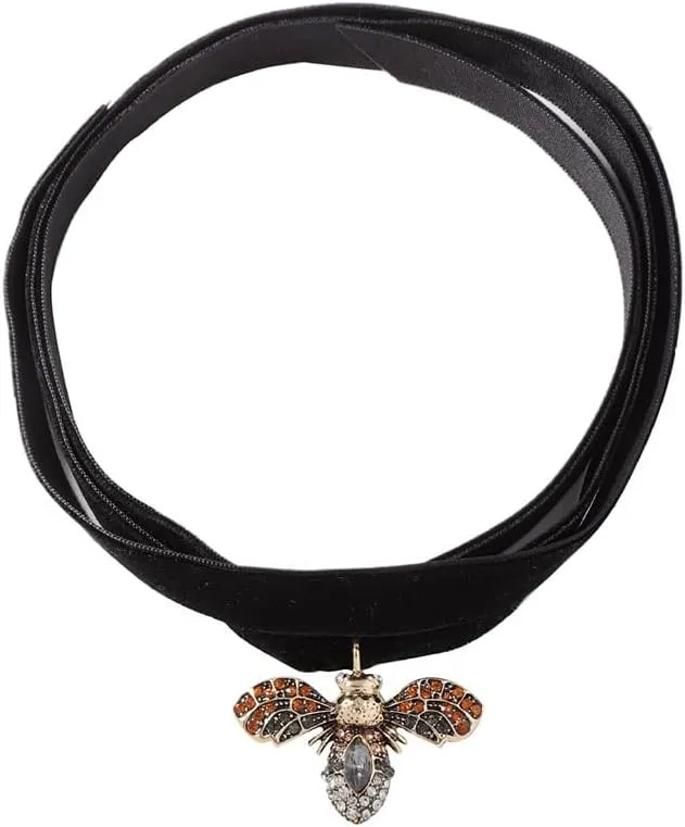 Dtja Crystal Bee Pendant Black Velvet Choker Necklace for Women Vintage CZ Charms Adjustable Tied Necklaces Gothic Theme Birthday Party Holiday Anniversary Jewelry Gift