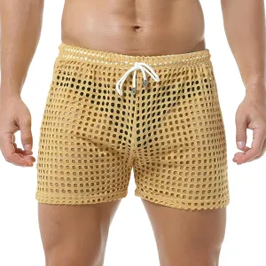 DTODWW Mens Fishnet Underwear Boxer Shorts Mesh Trunks See Through Shorts with Drawstring Nightwear Shorts