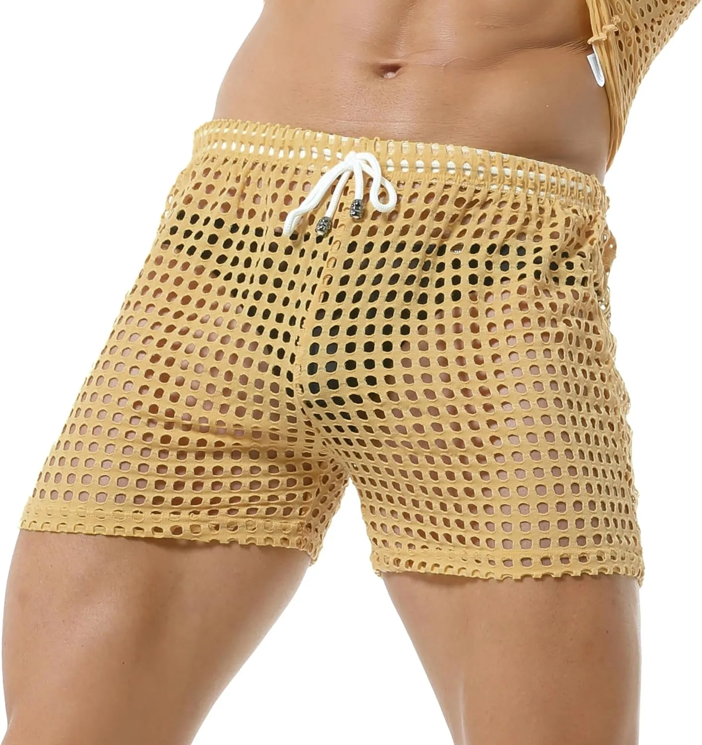 DTODWW Mens Fishnet Underwear Boxer Shorts Mesh Trunks See Through Shorts with Drawstring Nightwear Shorts