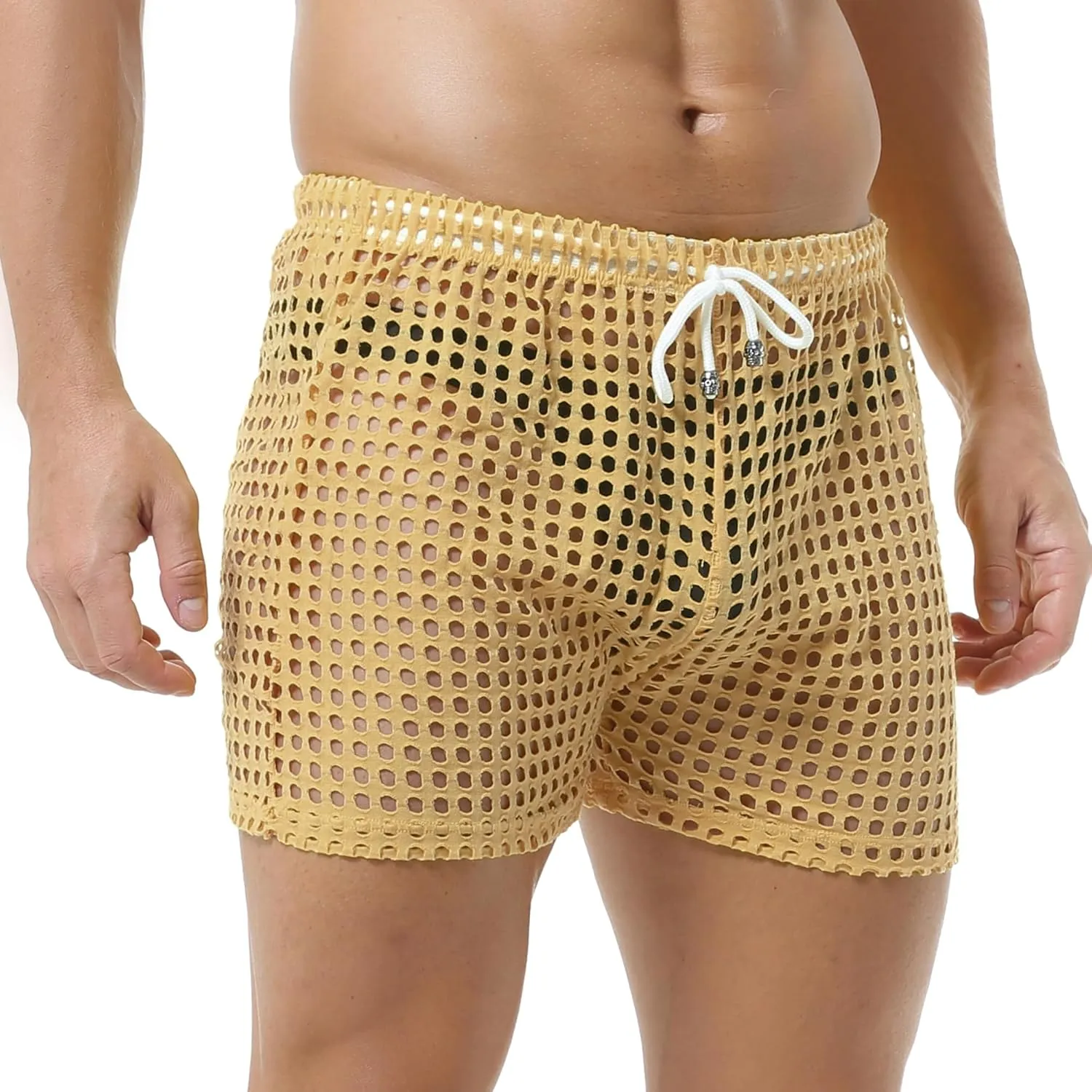DTODWW Mens Fishnet Underwear Boxer Shorts Mesh Trunks See Through Shorts with Drawstring Nightwear Shorts