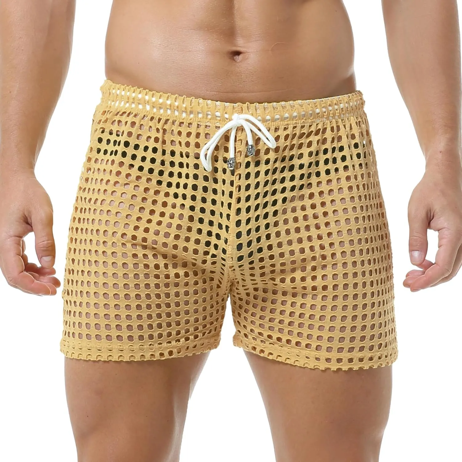 DTODWW Mens Fishnet Underwear Boxer Shorts Mesh Trunks See Through Shorts with Drawstring Nightwear Shorts
