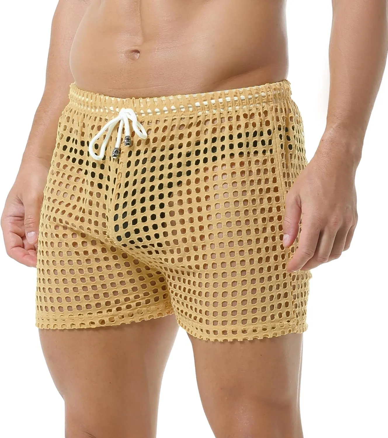 DTODWW Mens Fishnet Underwear Boxer Shorts Mesh Trunks See Through Shorts with Drawstring Nightwear Shorts