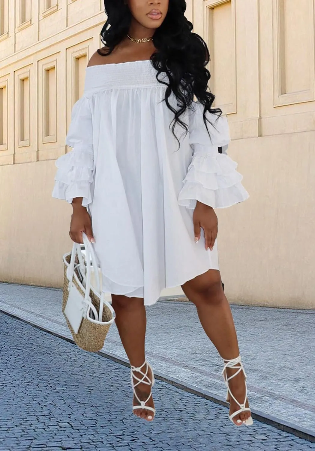 Ecirod Womens Sexy Off The Shoulder Plus Size Midi Dress Ruffle Sleeve Boho Beach Party Dresses