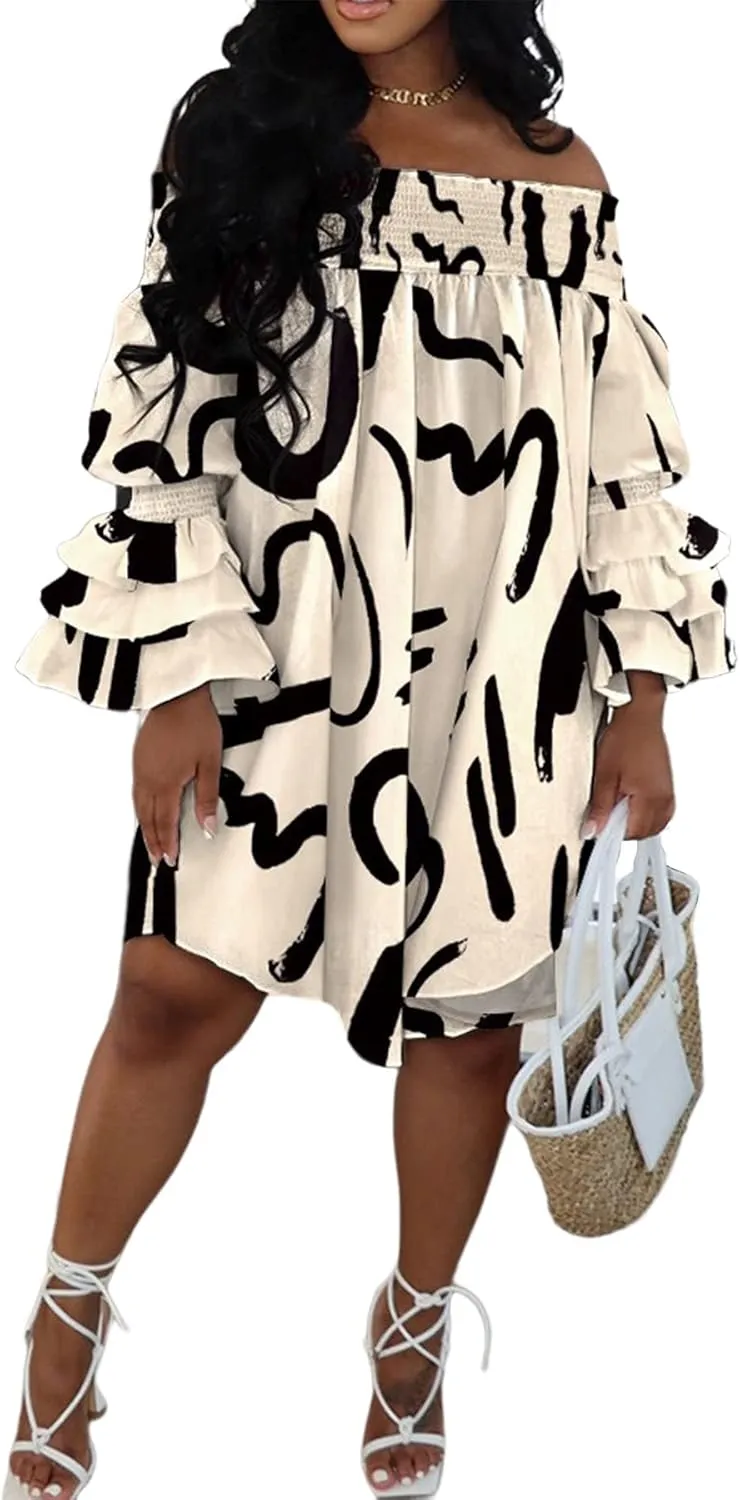Ecirod Womens Sexy Off The Shoulder Plus Size Midi Dress Ruffle Sleeve Boho Beach Party Dresses