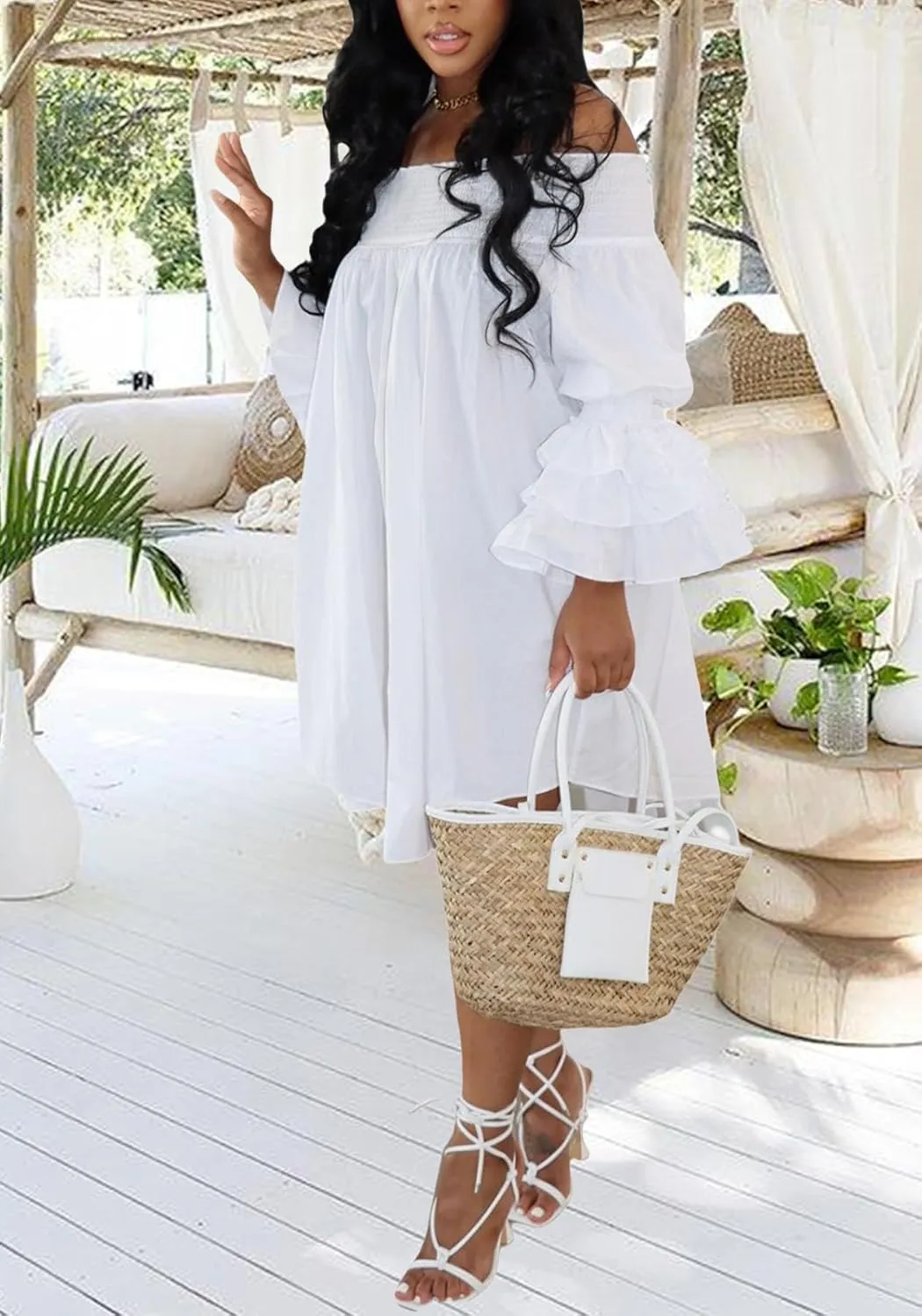Ecirod Womens Sexy Off The Shoulder Plus Size Midi Dress Ruffle Sleeve Boho Beach Party Dresses