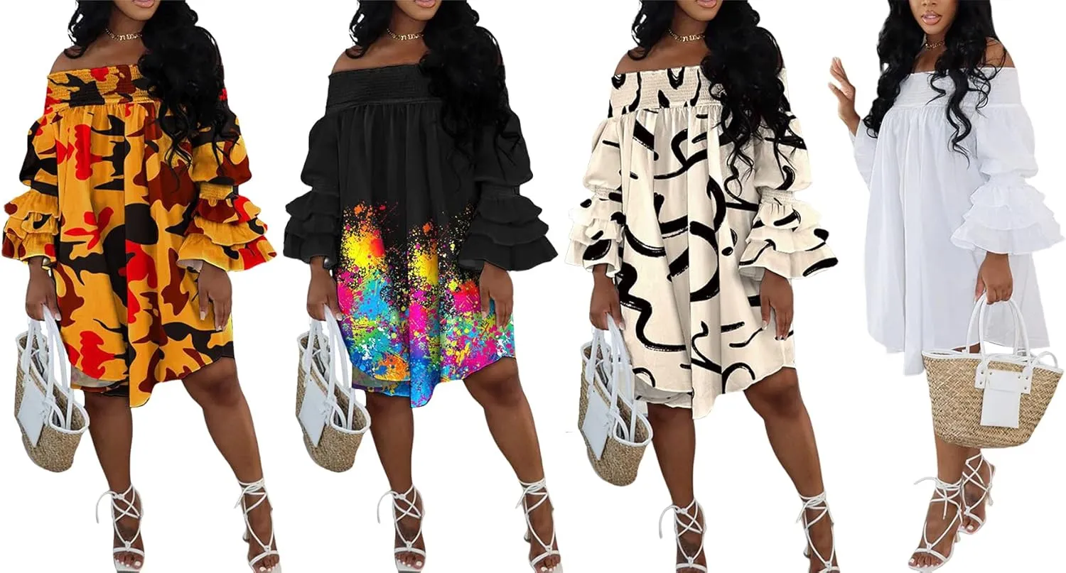 Ecirod Womens Sexy Off The Shoulder Plus Size Midi Dress Ruffle Sleeve Boho Beach Party Dresses