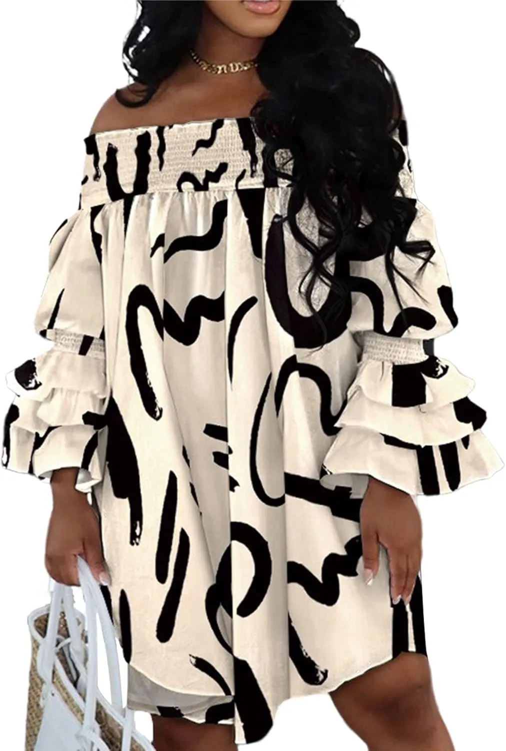 Ecirod Womens Sexy Off The Shoulder Plus Size Midi Dress Ruffle Sleeve Boho Beach Party Dresses