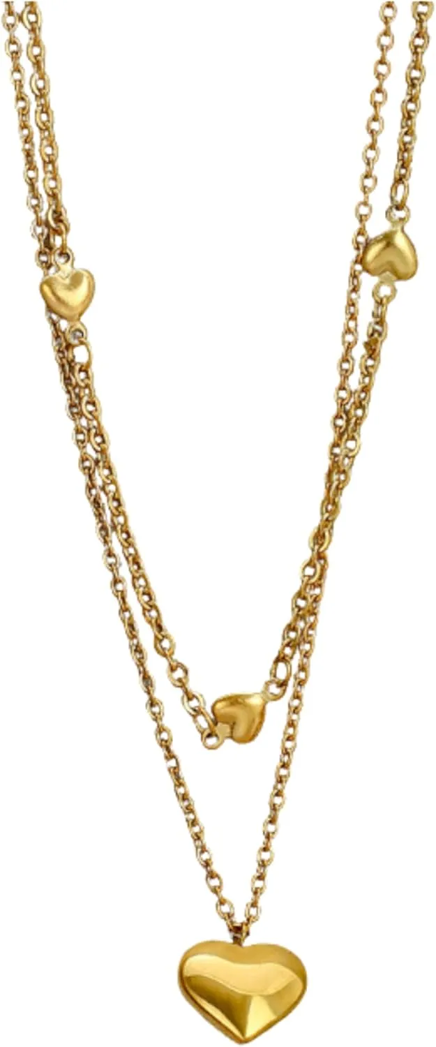 Elegant Double-Layer Heart Charm Choker Necklace - 316L Stainless Steel, Gold Color, Womens Fashion Jewelry