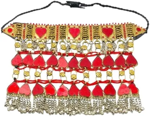 Ethnic Afghan Layered Choker, Red Heart Tribal Necklace, Tribal Belly Dance Costume Jewelry, Statement Choker, Afghan Jewelry