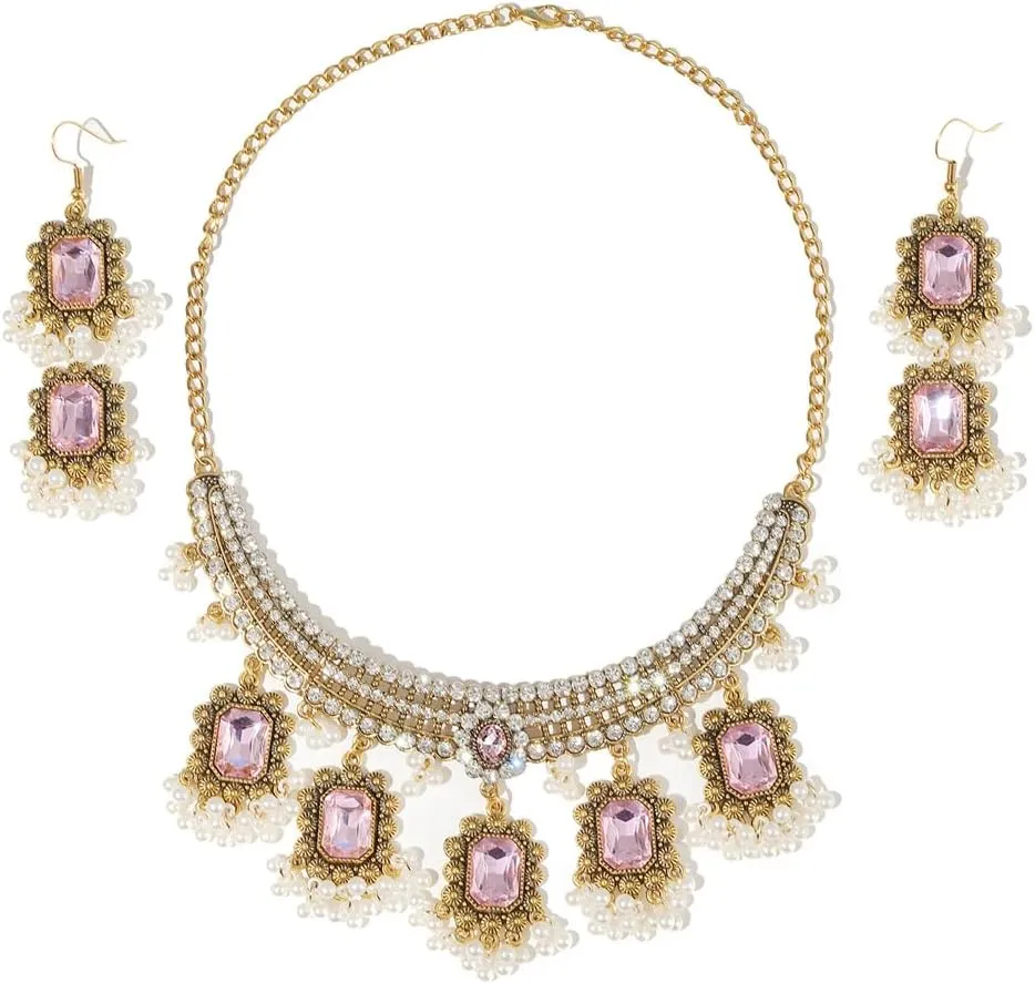 Ethnic Rectangle CZ Beaded Tassel Dangle Drop Stud Earrings Choker Necklace Set for Women Vintage Indian Traditional Fashion Antique Bollywood Jewelry for Wedding Party