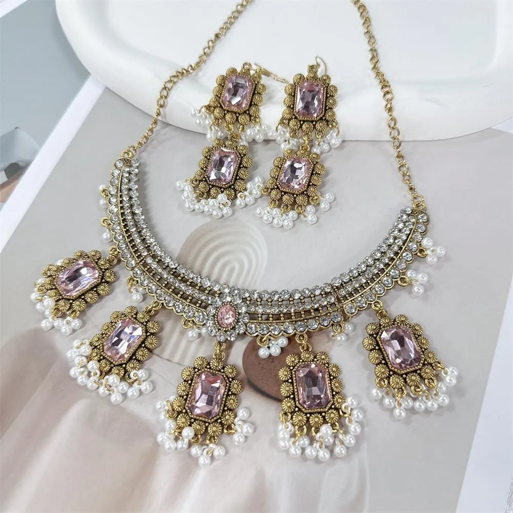 Ethnic Rectangle CZ Beaded Tassel Dangle Drop Stud Earrings Choker Necklace Set for Women Vintage Indian Traditional Fashion Antique Bollywood Jewelry for Wedding Party
