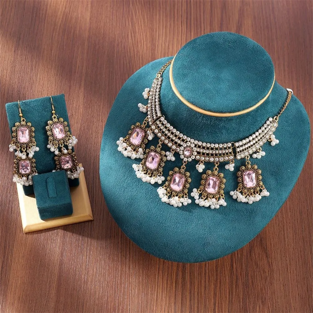 Ethnic Rectangle CZ Beaded Tassel Dangle Drop Stud Earrings Choker Necklace Set for Women Vintage Indian Traditional Fashion Antique Bollywood Jewelry for Wedding Party