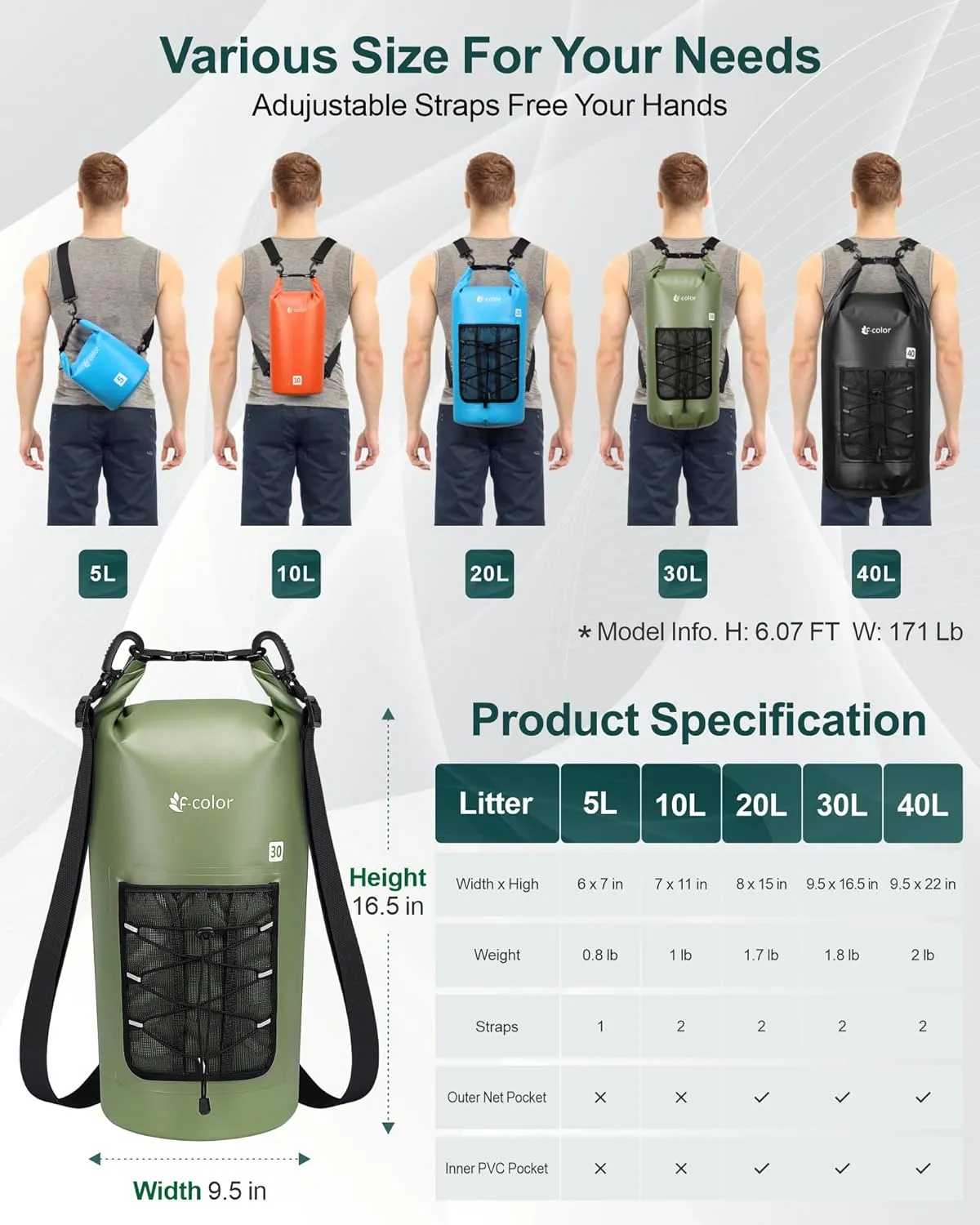 F-color Waterproof Dry Bag Backpack - 5L/10L/20L/30L/40L Lightweight Roll Top Pouch With Phone Case for Kayaking, Beach, Boating, Paddleboarding, Camping, Fishing