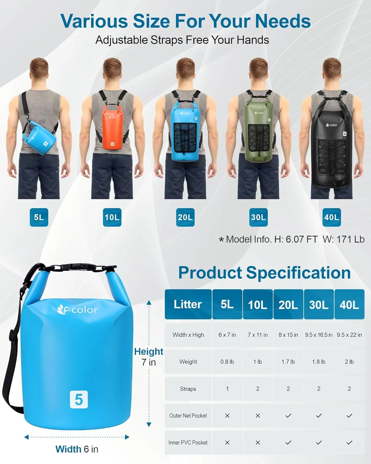 F-color Waterproof Dry Bag Backpack - 5L/10L/20L/30L/40L Lightweight Roll Top Pouch With Phone Case for Kayaking, Beach, Boating, Paddleboarding, Camping, Fishing