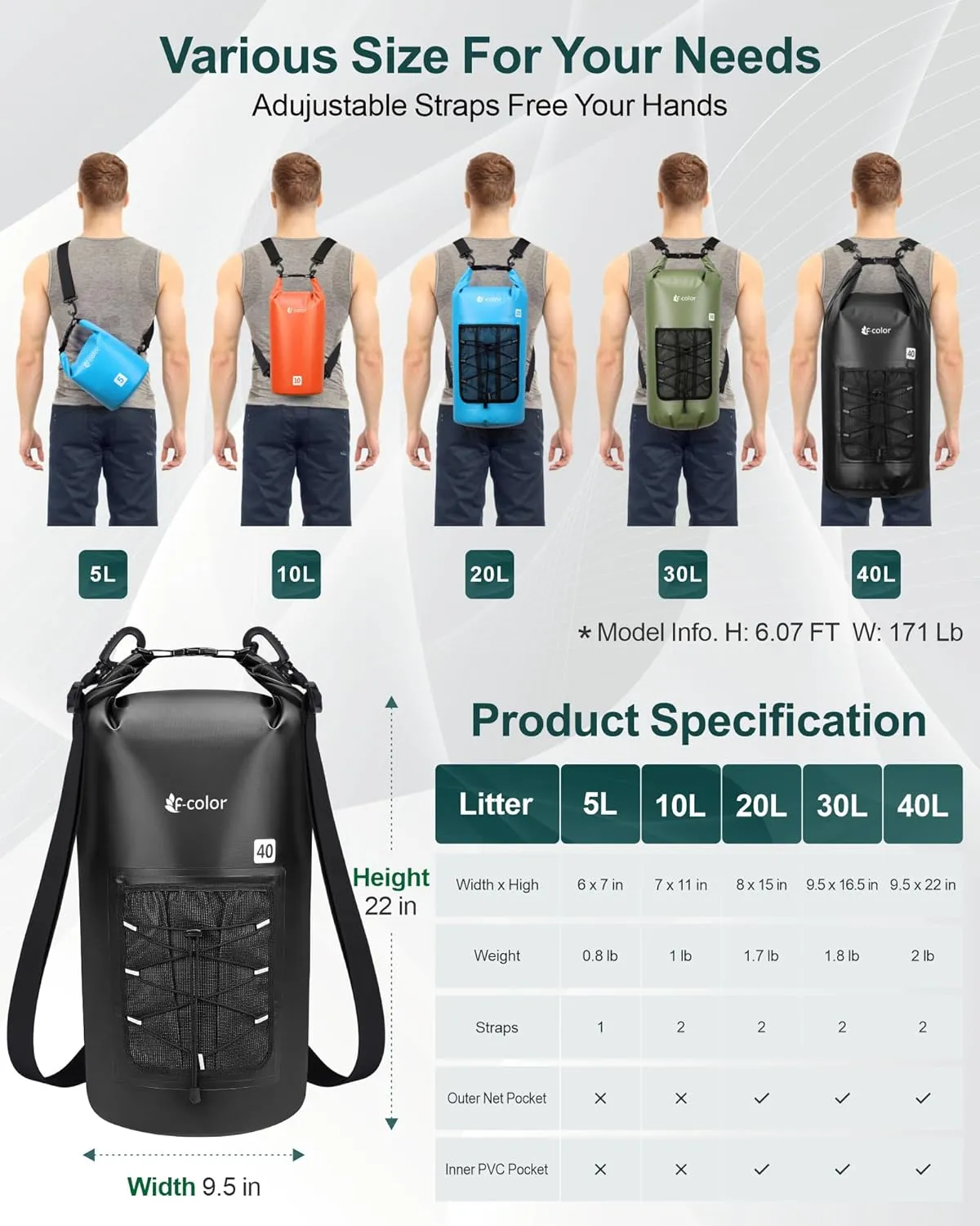 F-color Waterproof Dry Bag Backpack - 5L/10L/20L/30L/40L Lightweight Roll Top Pouch With Phone Case for Kayaking, Beach, Boating, Paddleboarding, Camping, Fishing