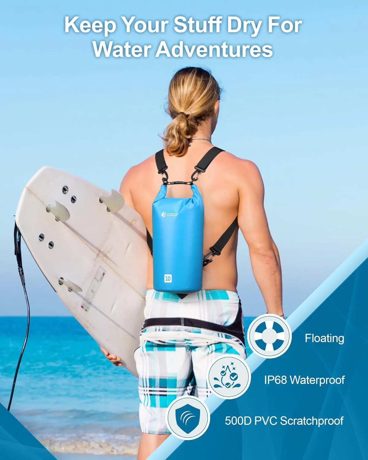 F-color Waterproof Dry Bag Backpack - 5L/10L/20L/30L/40L Lightweight Roll Top Pouch With Phone Case for Kayaking, Beach, Boating, Paddleboarding, Camping, Fishing