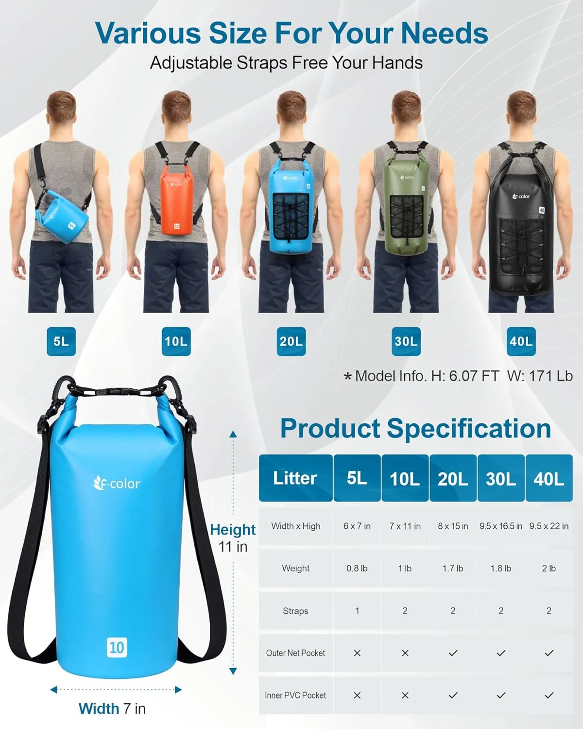 F-color Waterproof Dry Bag Backpack - 5L/10L/20L/30L/40L Lightweight Roll Top Pouch With Phone Case for Kayaking, Beach, Boating, Paddleboarding, Camping, Fishing