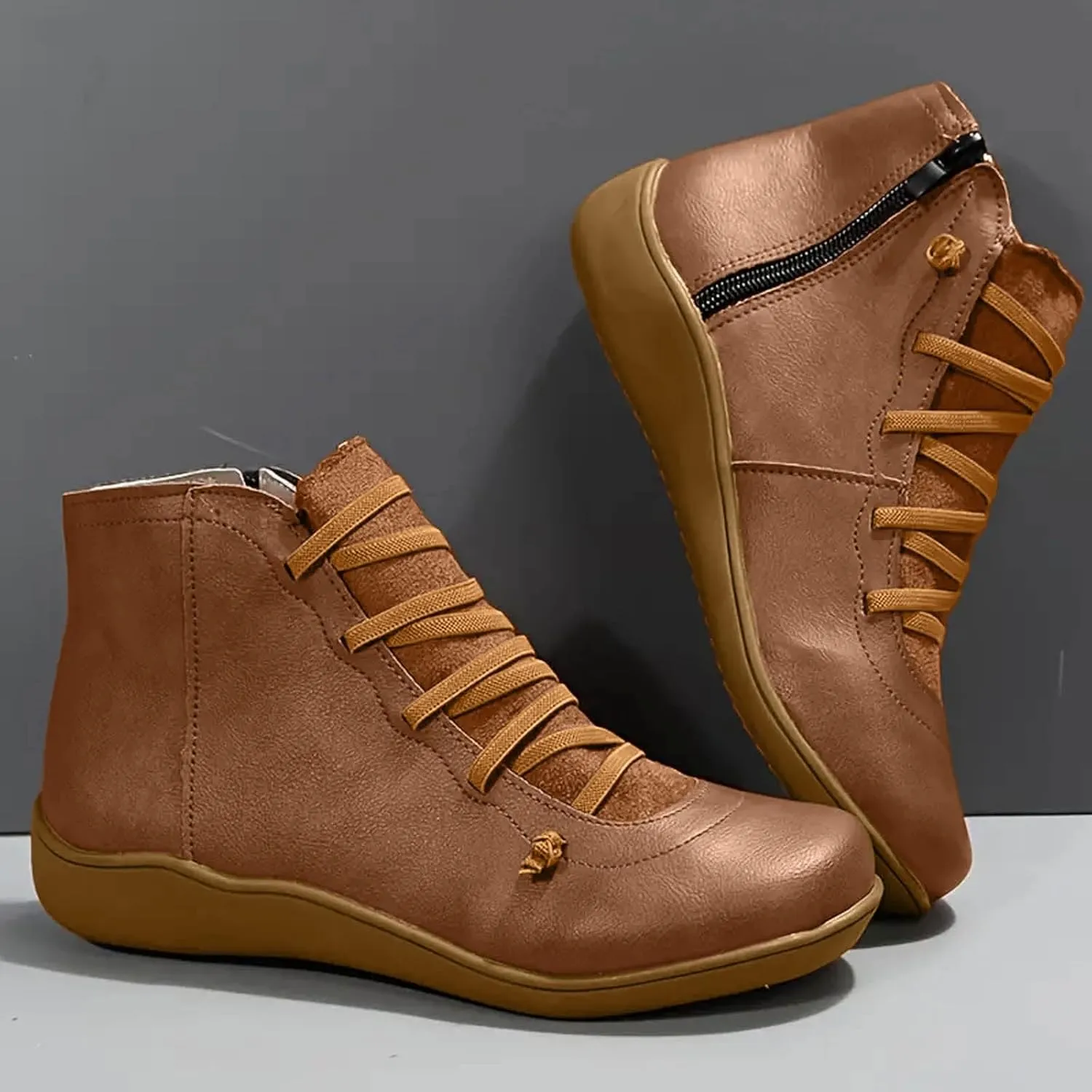 Fall Boots Womens Ankle Boots Arch Support Flat Heel Fashion Lace Up Zipper Booties Cowboy Walking Short Bootie