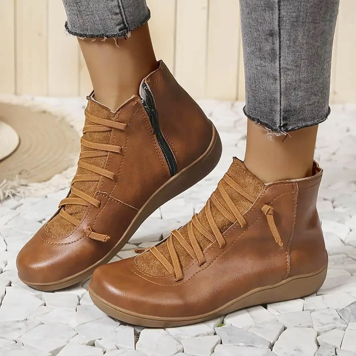 Fall Boots Womens Ankle Boots Arch Support Flat Heel Fashion Lace Up Zipper Booties Cowboy Walking Short Bootie