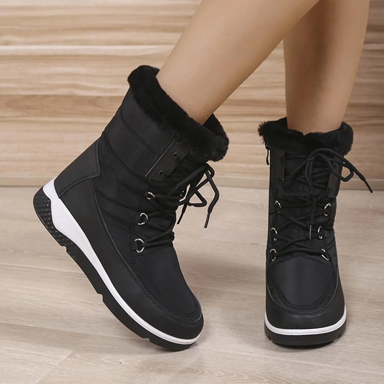 Fall Boots Womens Waterproof Snow Boots Platform Fur Lined Mid Calf Snow Rain Lace Up Warm Boots with Arch Support