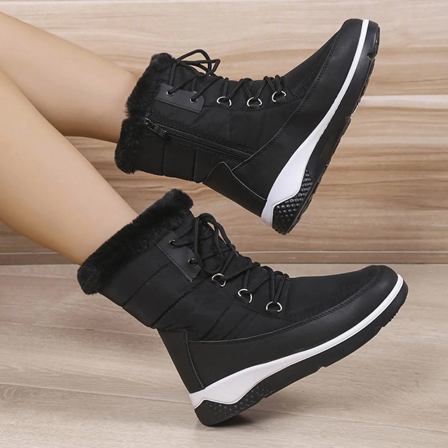 Fall Boots Womens Waterproof Snow Boots Platform Fur Lined Mid Calf Snow Rain Lace Up Warm Boots with Arch Support