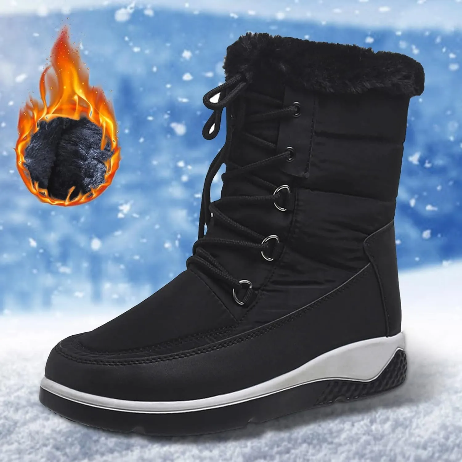 Fall Boots Womens Waterproof Snow Boots Platform Fur Lined Mid Calf Snow Rain Lace Up Warm Boots with Arch Support