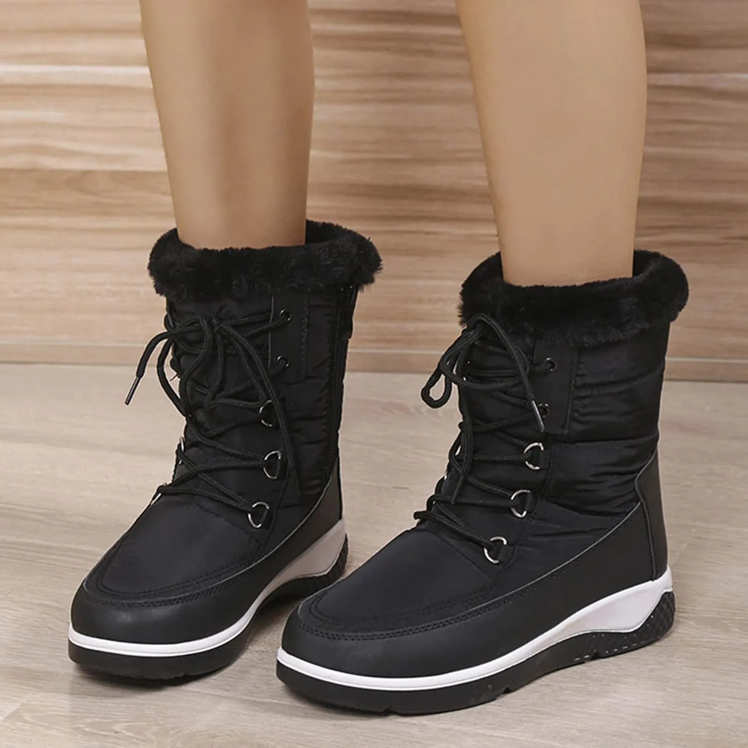 Fall Boots Womens Waterproof Snow Boots Platform Fur Lined Mid Calf Snow Rain Lace Up Warm Boots with Arch Support