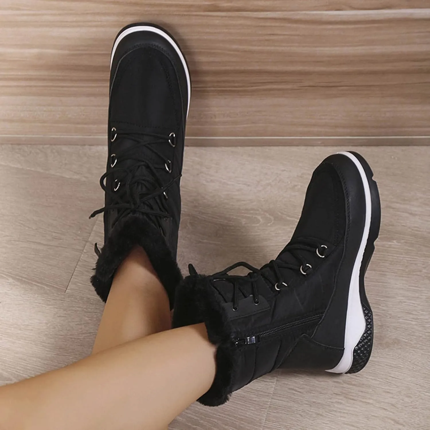 Fall Boots Womens Waterproof Snow Boots Platform Fur Lined Mid Calf Snow Rain Lace Up Warm Boots with Arch Support