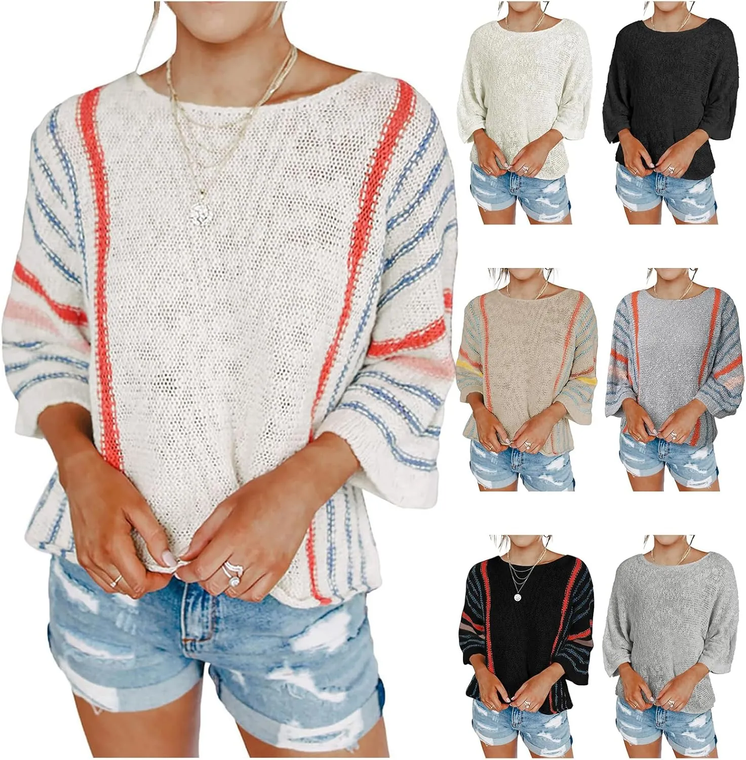 Fall Sweater for Women Casual Color Block Shirts Lightweight 3/4 Sleeve Pullover Knit Tops Crewneck Sweatshirts