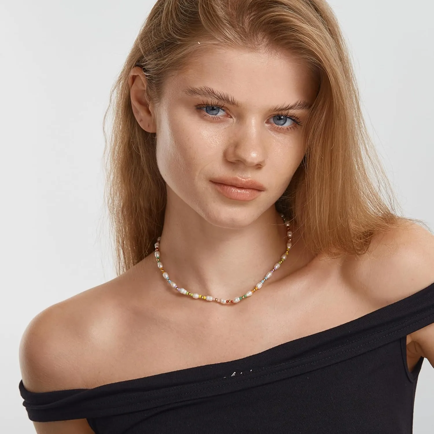 FANZE Baroque Pearl Choker Necklace for Women, Natural Real Ivory Freshwater Cultured Pearl Colorful Irregular Turquoise Colorful Gemstone Crystal Beads, Boho Charms Elegant Statement Jewelry Gifts
