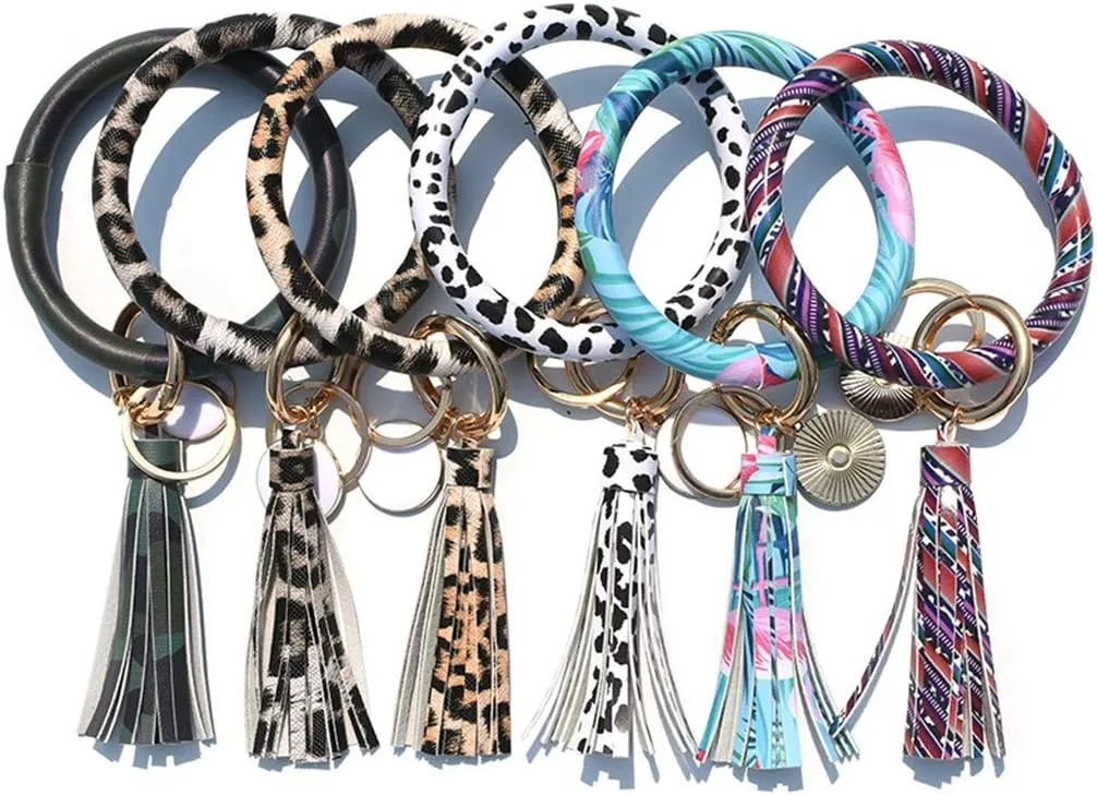 FarJing Leather Bracelet Key Ring Bangle Keyring, Tassel Ring Circle Key Ring Keychain Wristlet for Women Girls