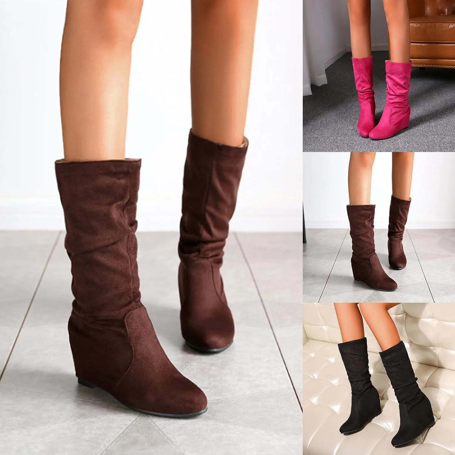 Fashion Women Mid Calf Boots Comfortable Casual Women Boots Ladies Fashion Retro Low Heels Suede Mid Calf Boots