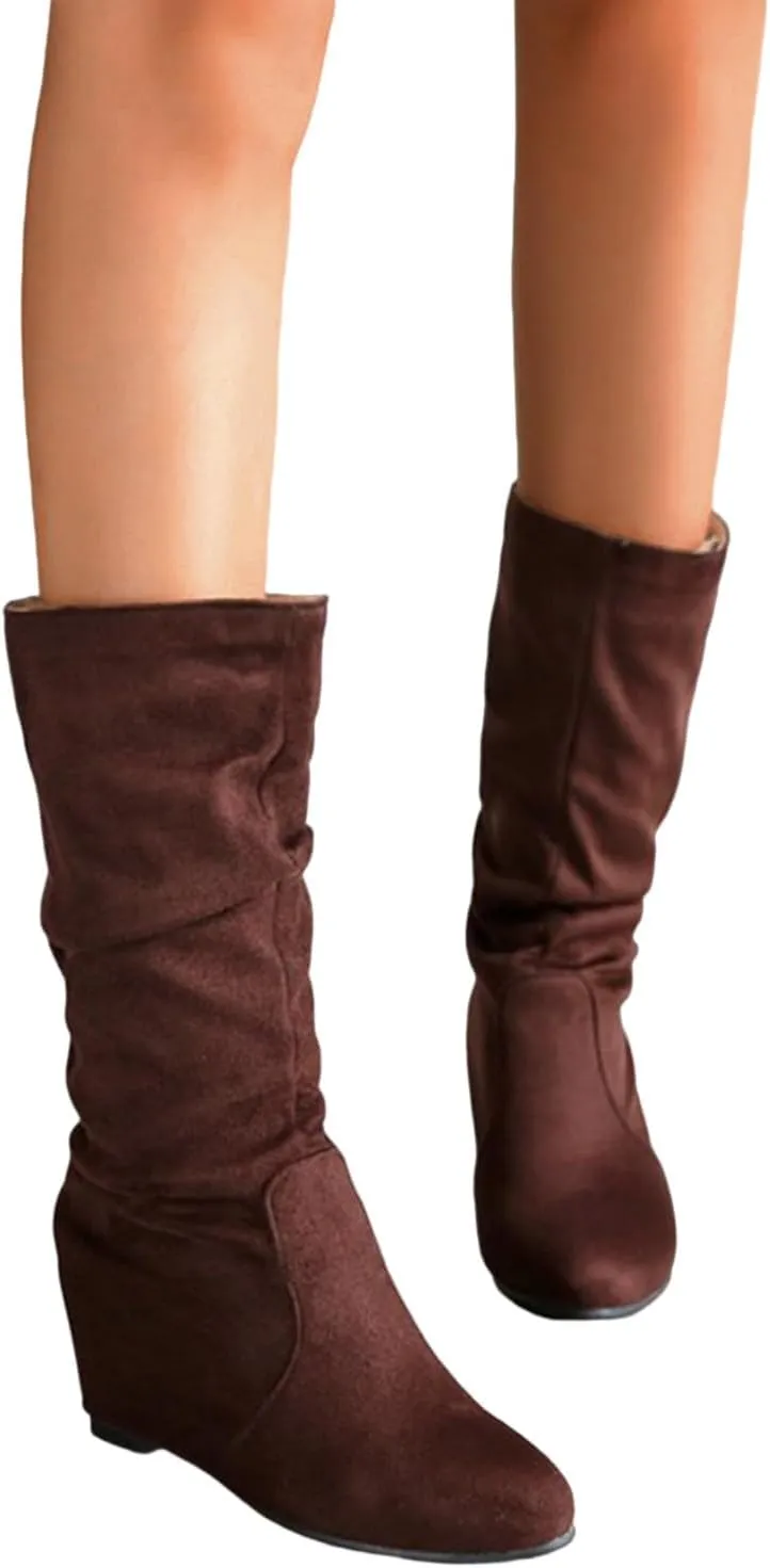 Fashion Women Mid Calf Boots Comfortable Casual Women Boots Ladies Fashion Retro Low Heels Suede Mid Calf Boots