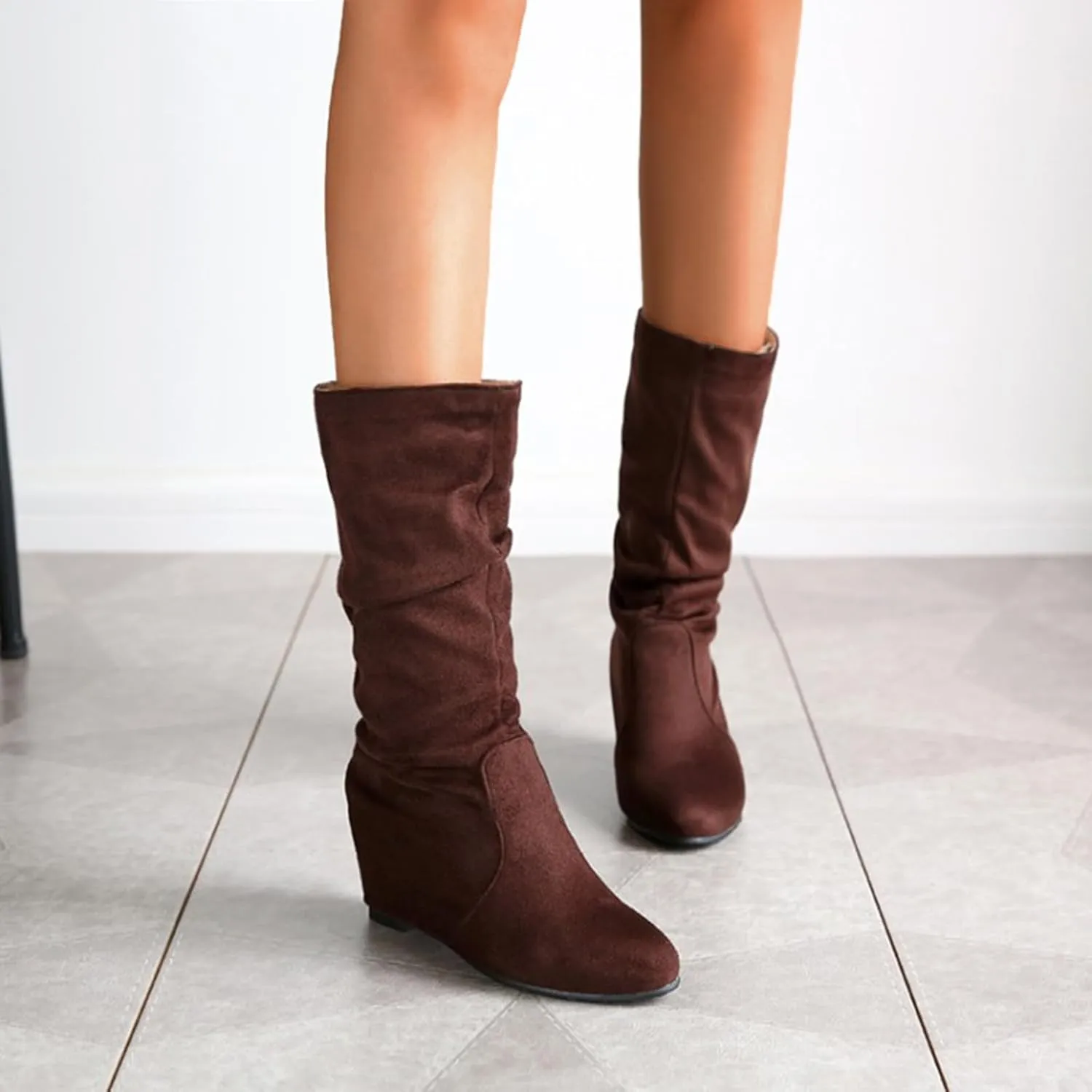 Fashion Women Mid Calf Boots Comfortable Casual Women Boots Ladies Fashion Retro Low Heels Suede Mid Calf Boots