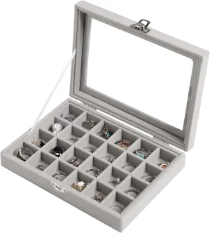 Frebeauty 24 Grid Jewelry Tray,Velvet Stud Earring Organizer,Small Jewelry Organizer with Clear Lid,Lockable Earring Holder Organizer Jewelry Boxes & Organizer Ring Holder for Women & Girls(Grey)