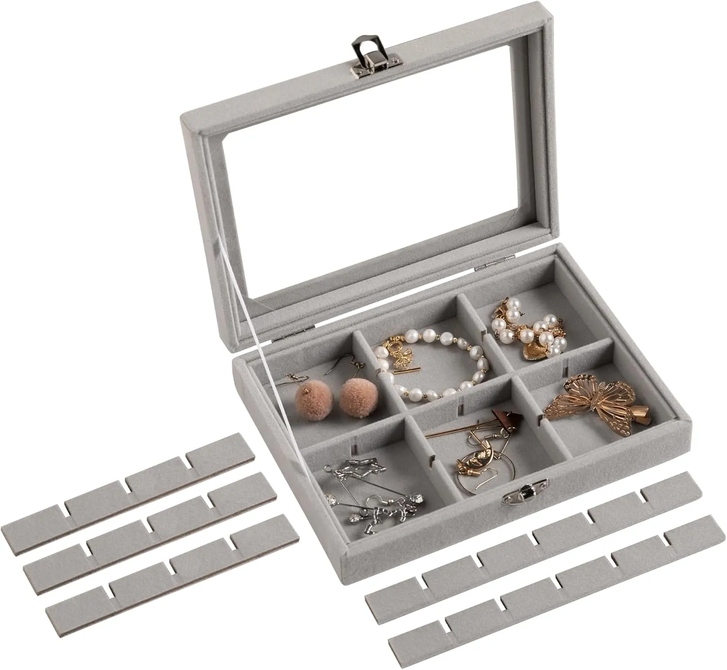 Frebeauty 24 Grid Jewelry Tray,Velvet Stud Earring Organizer,Small Jewelry Organizer with Clear Lid,Lockable Earring Holder Organizer Jewelry Boxes & Organizer Ring Holder for Women & Girls(Grey)