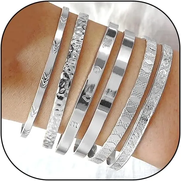 FUTIMELY 6Pcs Chunky Gold Cuff Bangle Bracelet,Fashion Simple Hammered Love Letter Bracelets,Exaggerated Lozenge Texture Arrow Layered Stackable Bracelet