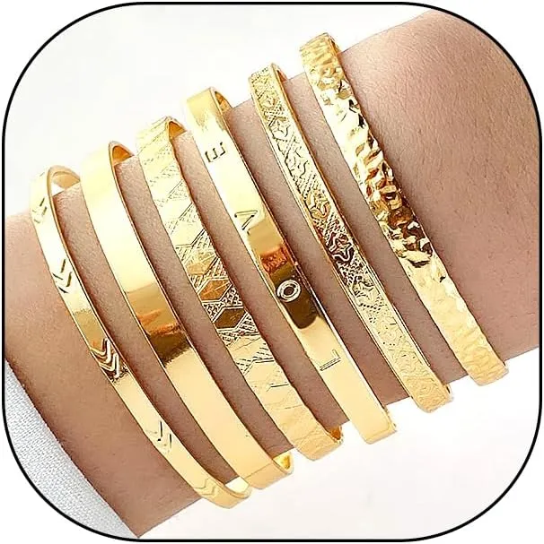 FUTIMELY 6Pcs Chunky Gold Cuff Bangle Bracelet,Fashion Simple Hammered Love Letter Bracelets,Exaggerated Lozenge Texture Arrow Layered Stackable Bracelet