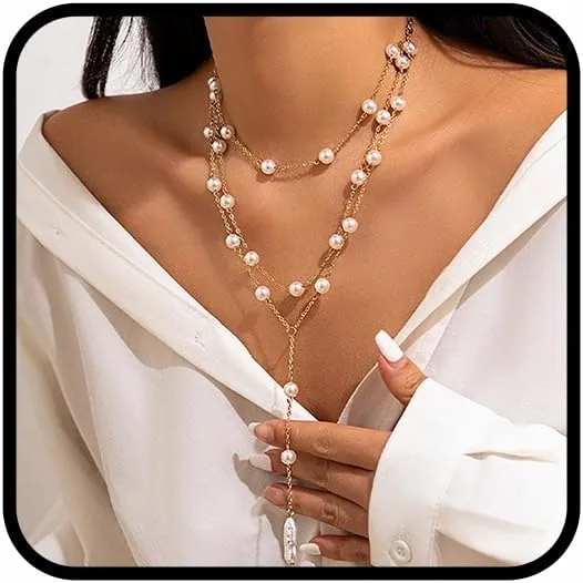 Gangel Y Pendant Necklace Layered Pearl Necklace Multilayer Pearl Bead Choker Necklace Long Faux Pearls Necklaces Vintage Jewelry Water Drop Pearl Necklace for Women