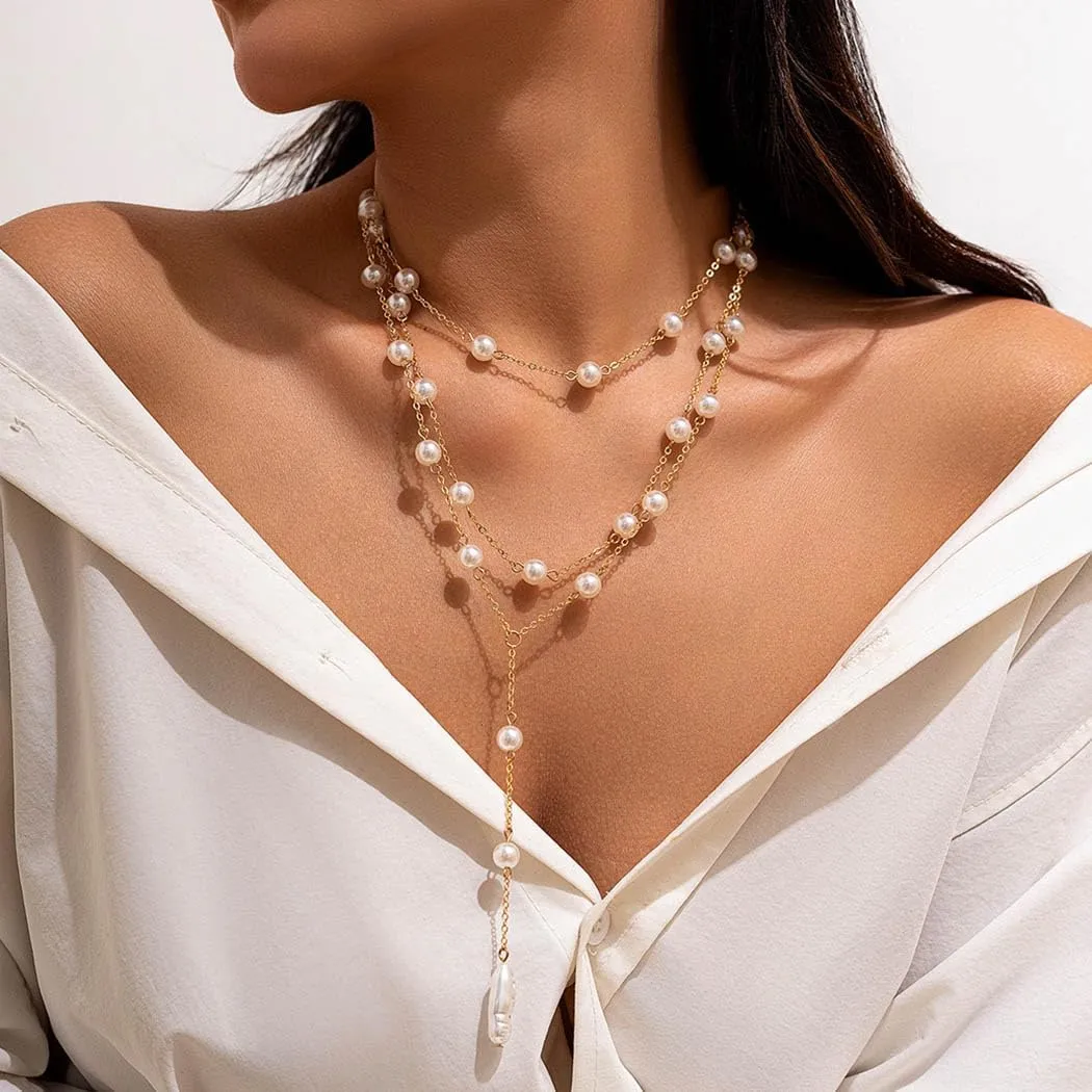 Gangel Y Pendant Necklace Layered Pearl Necklace Multilayer Pearl Bead Choker Necklace Long Faux Pearls Necklaces Vintage Jewelry Water Drop Pearl Necklace for Women