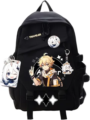 Genshin Impact Backpack Aether Backpack Cute 3D Printed Daypack Laptop 17" Large Capacity Travel Black BackPack With Gift