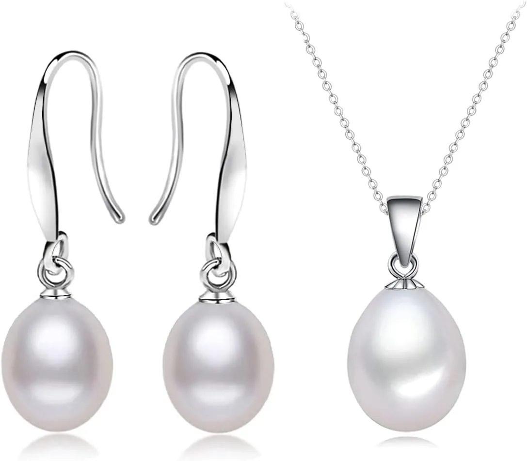 Genuine Pearl Necklace and Earring Set for Women Sterling silver White Black Pearl Jewelry Set Mother Brides Wedding