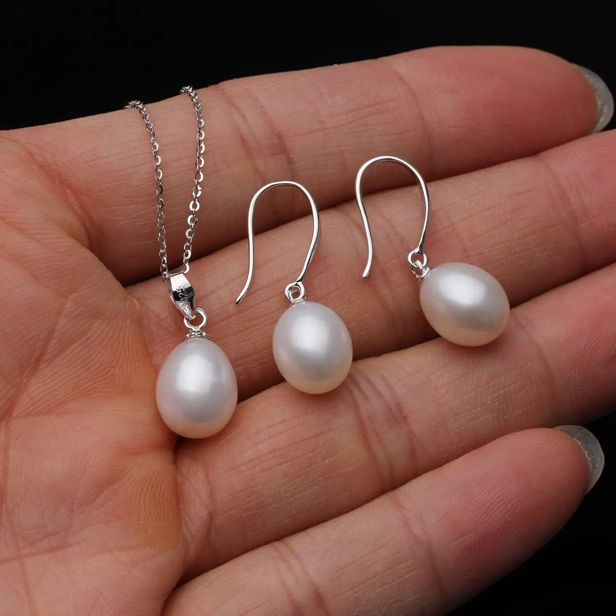 Genuine Pearl Necklace and Earring Set for Women Sterling silver White Black Pearl Jewelry Set Mother Brides Wedding