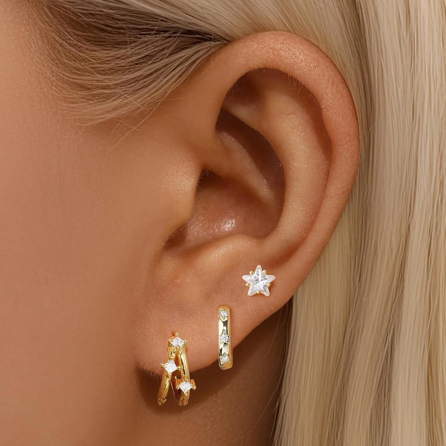 GEORGE  SMITH Dainty Gold Earring Sets for Multiple Piercing 14k Gold Plated Hoop Cartilage Huggie Earring Set Hypoallergenic CZ Earrings Jewelry Stud Dangle Earrings for Women