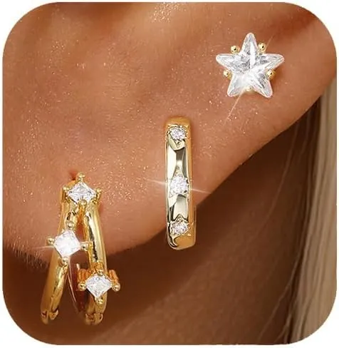 GEORGE  SMITH Dainty Gold Earring Sets for Multiple Piercing 14k Gold Plated Hoop Cartilage Huggie Earring Set Hypoallergenic CZ Earrings Jewelry Stud Dangle Earrings for Women