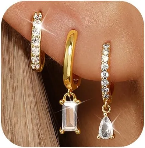 GEORGE  SMITH Gold Hoop Earrings for Women Trendy 14K Gold Plated Teardrop Rectangle Pendant Hoop Earrings Set for Multiple Piercing Cartilage Huggie Stud Earrings