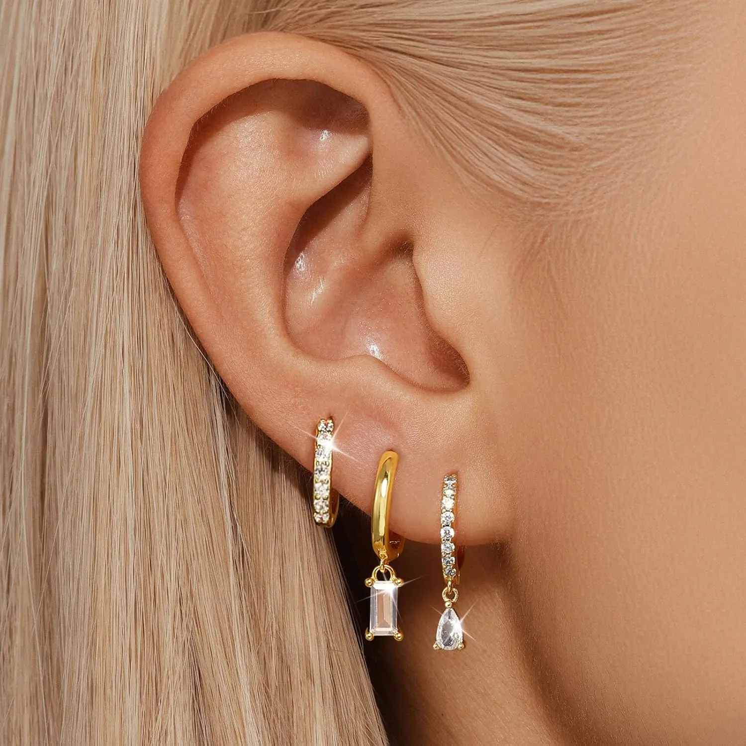 GEORGE  SMITH Gold Hoop Earrings for Women Trendy 14K Gold Plated Teardrop Rectangle Pendant Hoop Earrings Set for Multiple Piercing Cartilage Huggie Stud Earrings