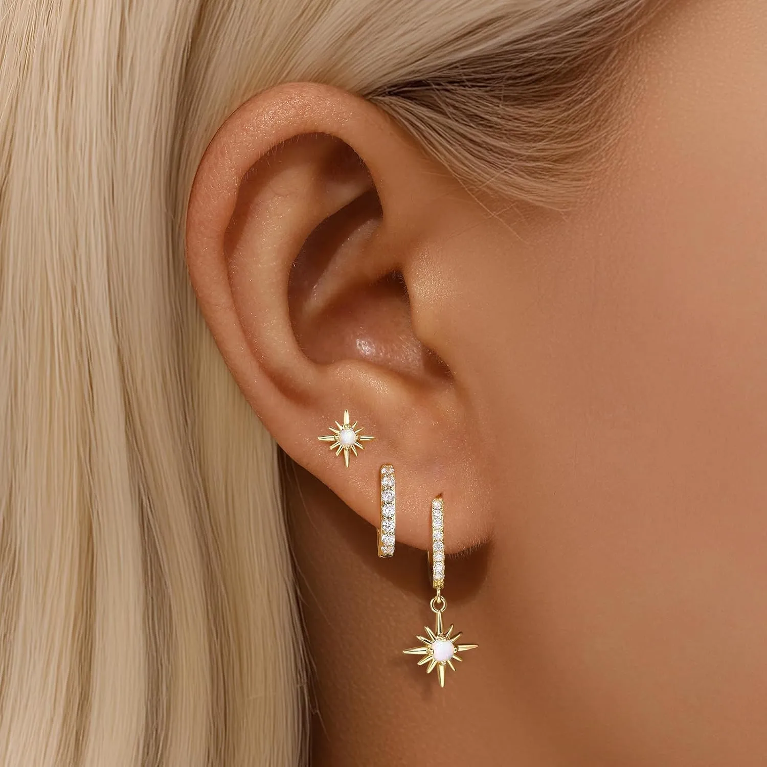 GEORGE SMITH Opal Hoop Earrings for Women, S925 Hypoallergenic Sun Stud Earrings for Sensitive Ears, Dainty Huggie Dangle Earrings, Sterling Silver Earring Stacks Gift