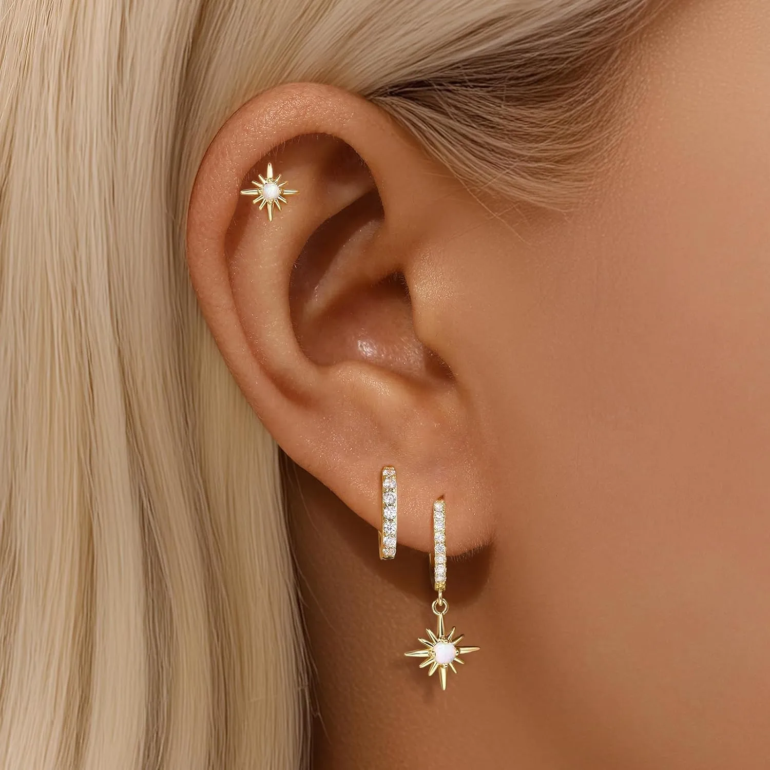 GEORGE SMITH Opal Hoop Earrings for Women, S925 Hypoallergenic Sun Stud Earrings for Sensitive Ears, Dainty Huggie Dangle Earrings, Sterling Silver Earring Stacks Gift