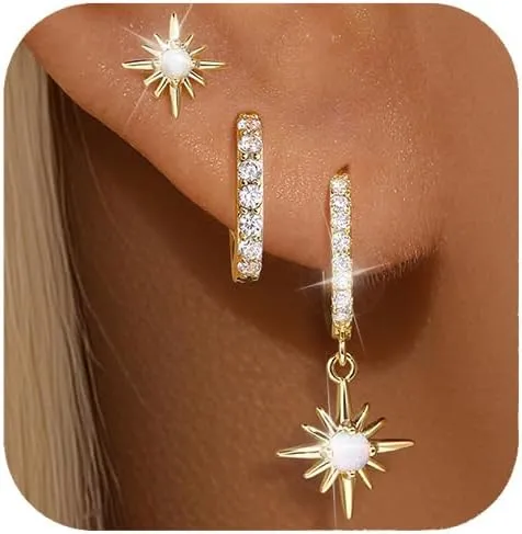 GEORGE SMITH Opal Hoop Earrings for Women, S925 Hypoallergenic Sun Stud Earrings for Sensitive Ears, Dainty Huggie Dangle Earrings, Sterling Silver Earring Stacks Gift